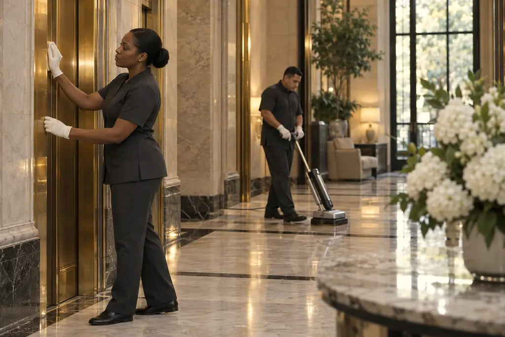 Two cleaners in plain green uniforms and black gloves at work in a marble lobby, one wiping a brass elevator frame, one running a floor scrubber