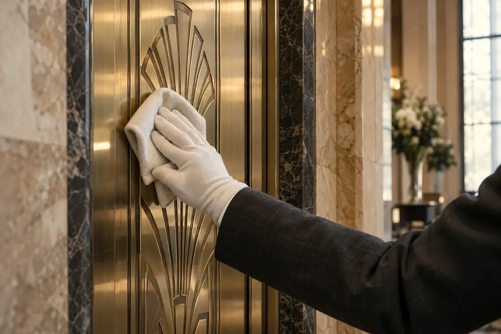 A gloved hand polishing brass elevator doors with a green microfiber cloth