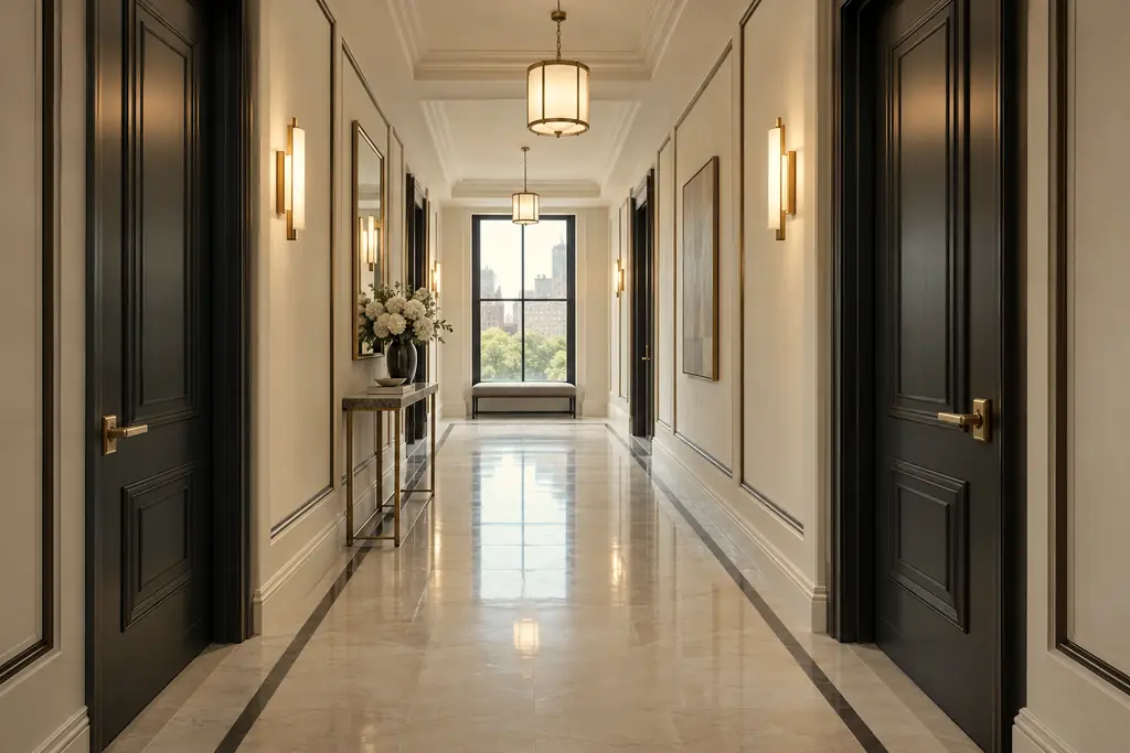 A clean residential corridor with a polished stone floor, brass wall sconces and dark apartment doors