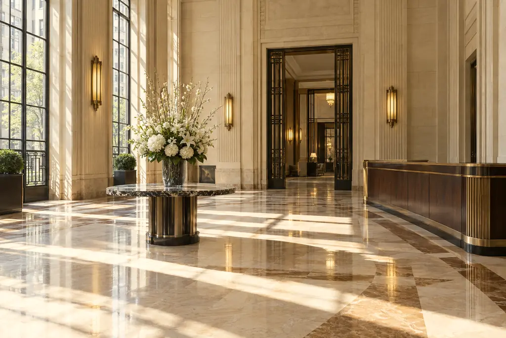 A bright, spotless marble lobby in a luxury New York apartment building, with a brass-trimmed concierge desk and morning light from tall windows