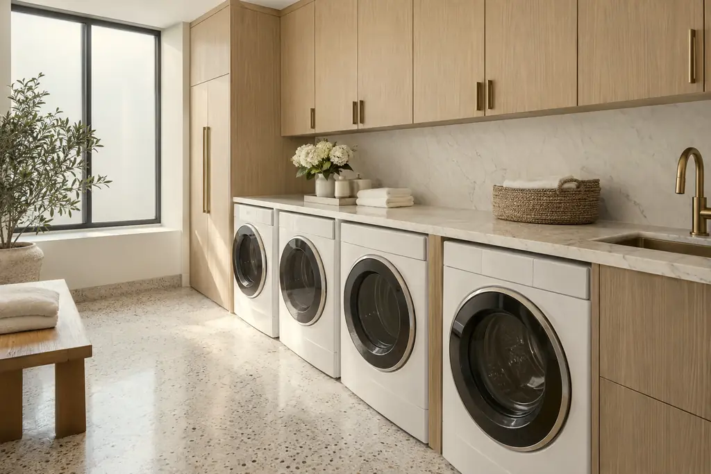 A spotless laundry room with white front-loading washers and dryers set into light oak cabinetry