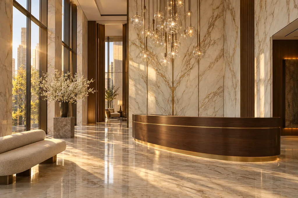 The newly finished lobby of a residential development, with marble walls, a crystal chandelier, a curved wood reception desk and city views