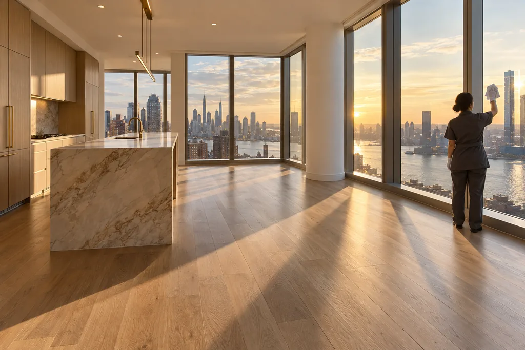 A cleaner wiping the floor-to-ceiling windows of an empty new-construction apartment with a marble kitchen island, oak floors and river views