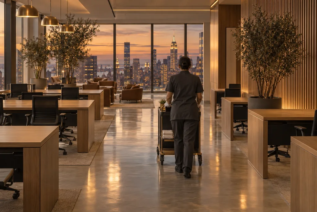 A cleaner in a plain dark uniform pushing a supply cart through an open-plan office with wood desks, polished floors and a sunset Manhattan skyline beyond the windows