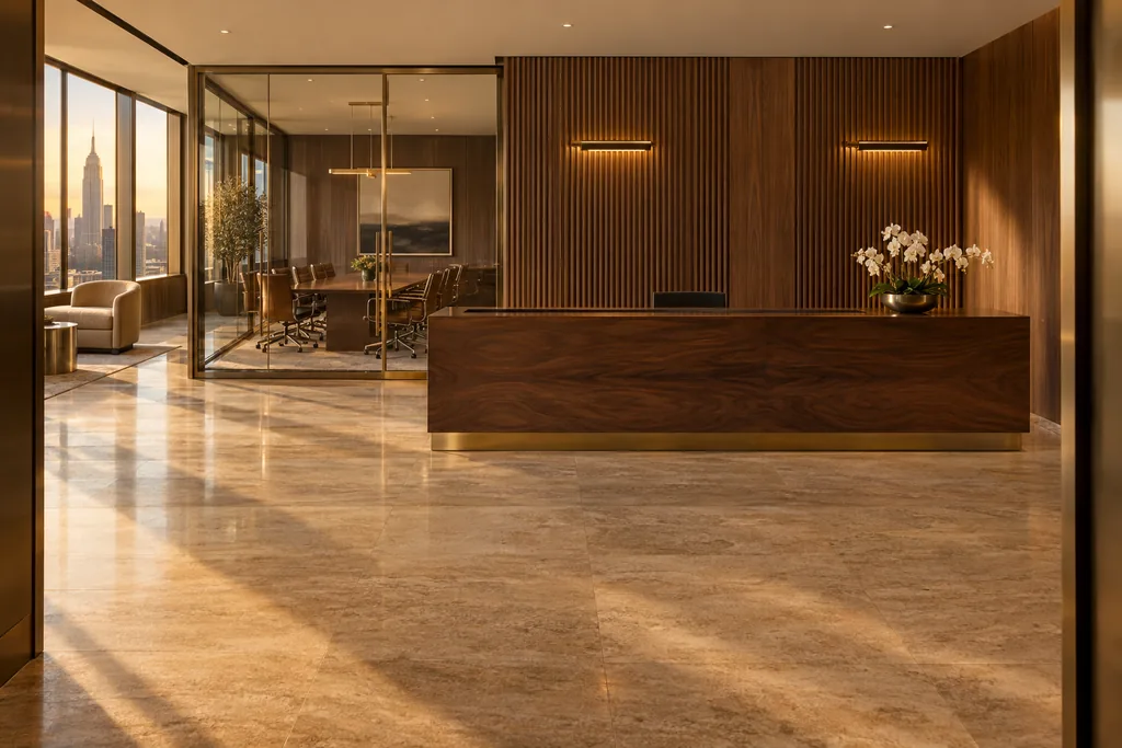 A modern office building lobby with a stone floor, wood-paneled walls and a reception desk, lit by evening light