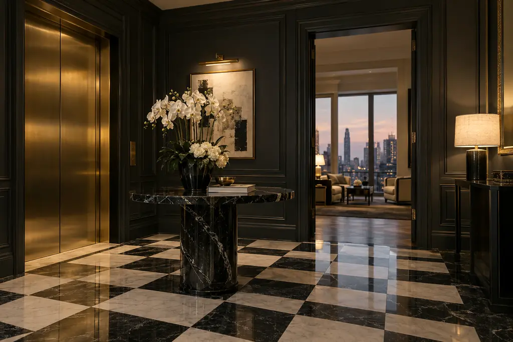 A quiet, elegant building lobby at dusk with a polished black-and-white marble floor, brass floor lamps and white flowers