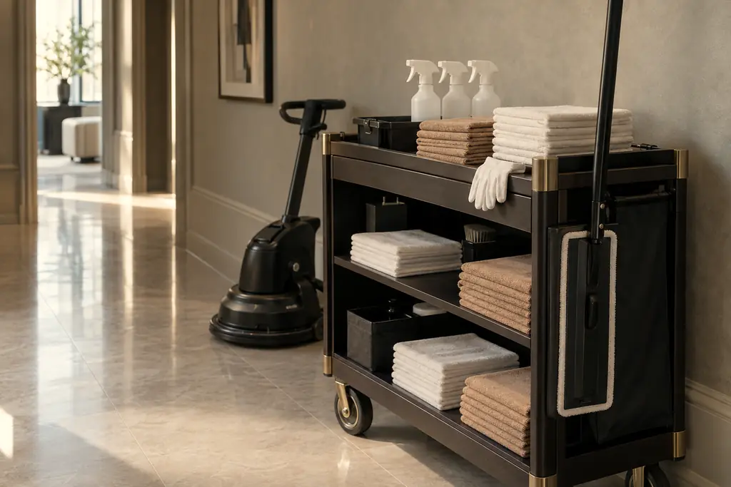 A tidy cleaning cart with folded microfiber cloths, unlabeled spray bottles and a mop, beside a compact floor scrubber